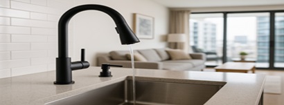 Multifamily kitchen with coordinated faucet and soap dispenser at a modern sink
